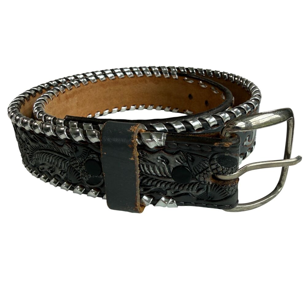 Mallory Leather Tooled Western Black Belt Floral Embossed Texas Women's Size 30